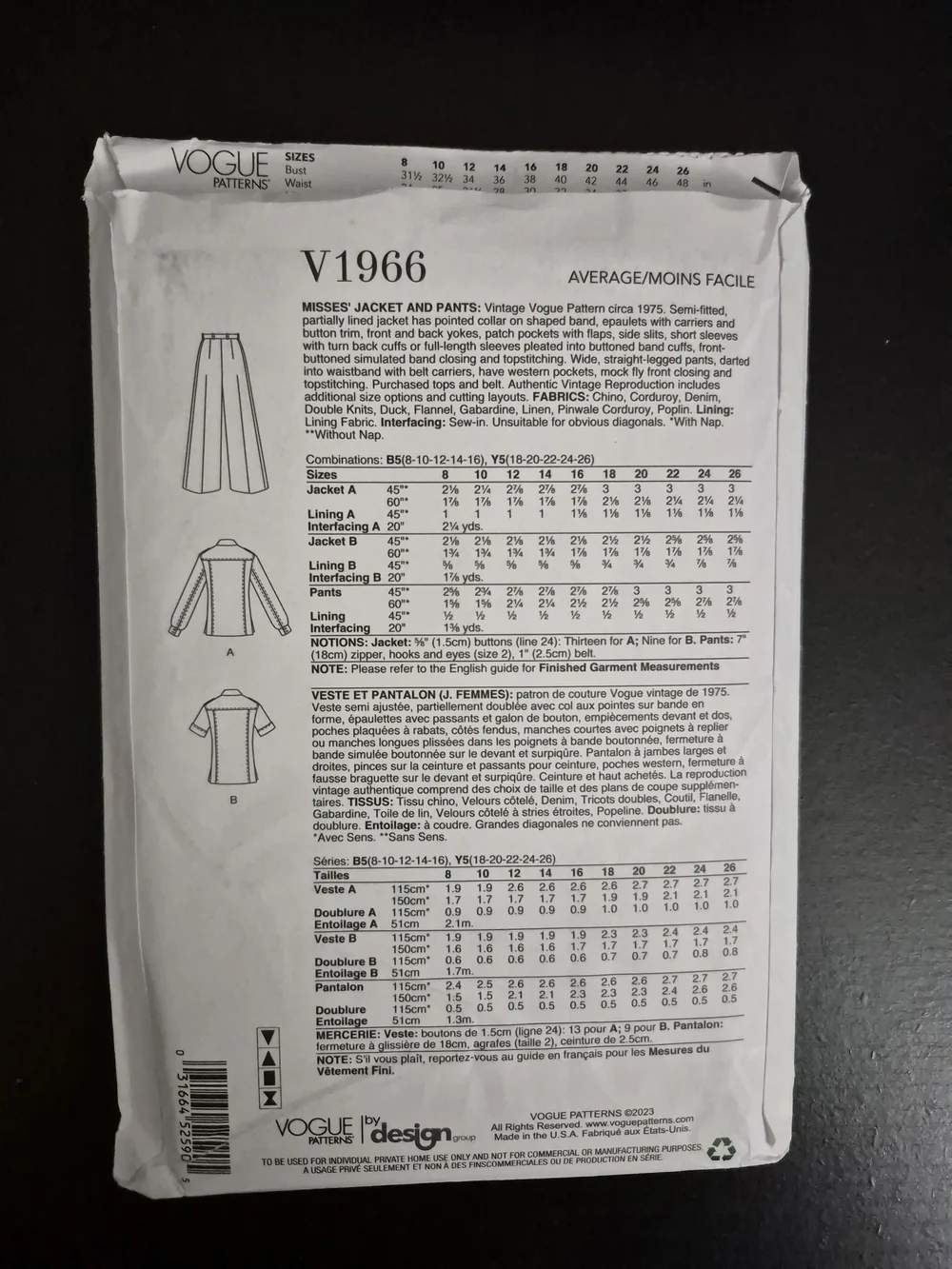 Vogue Pattern V1966 *UNCUT* Size Y5